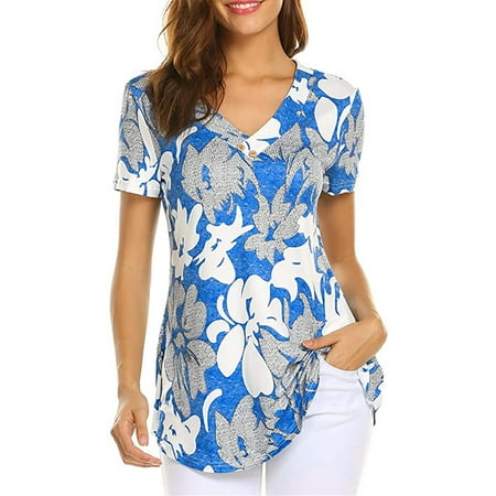Cute Tops for Women, Women Fashion Printed Casual V-Neck Short Sleeve Loose T-Shirt Blouse Tops Floral Lace Blouse V Neck Womens Tops Prime Free Trial 30 Days Membership