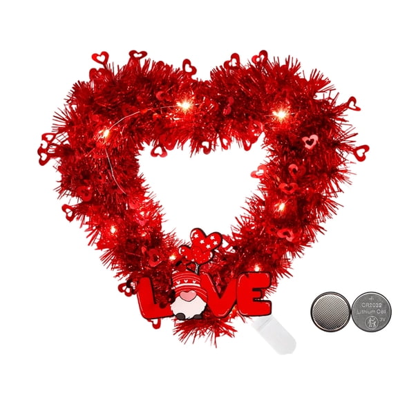 Lilixerw Heart Shaped Valentines Day Wreath with LED Lights,Valentine's Day Floral Garland for Wedding Engagement Party Decor,Red Artificial Home Hanging Decoration,12.99In