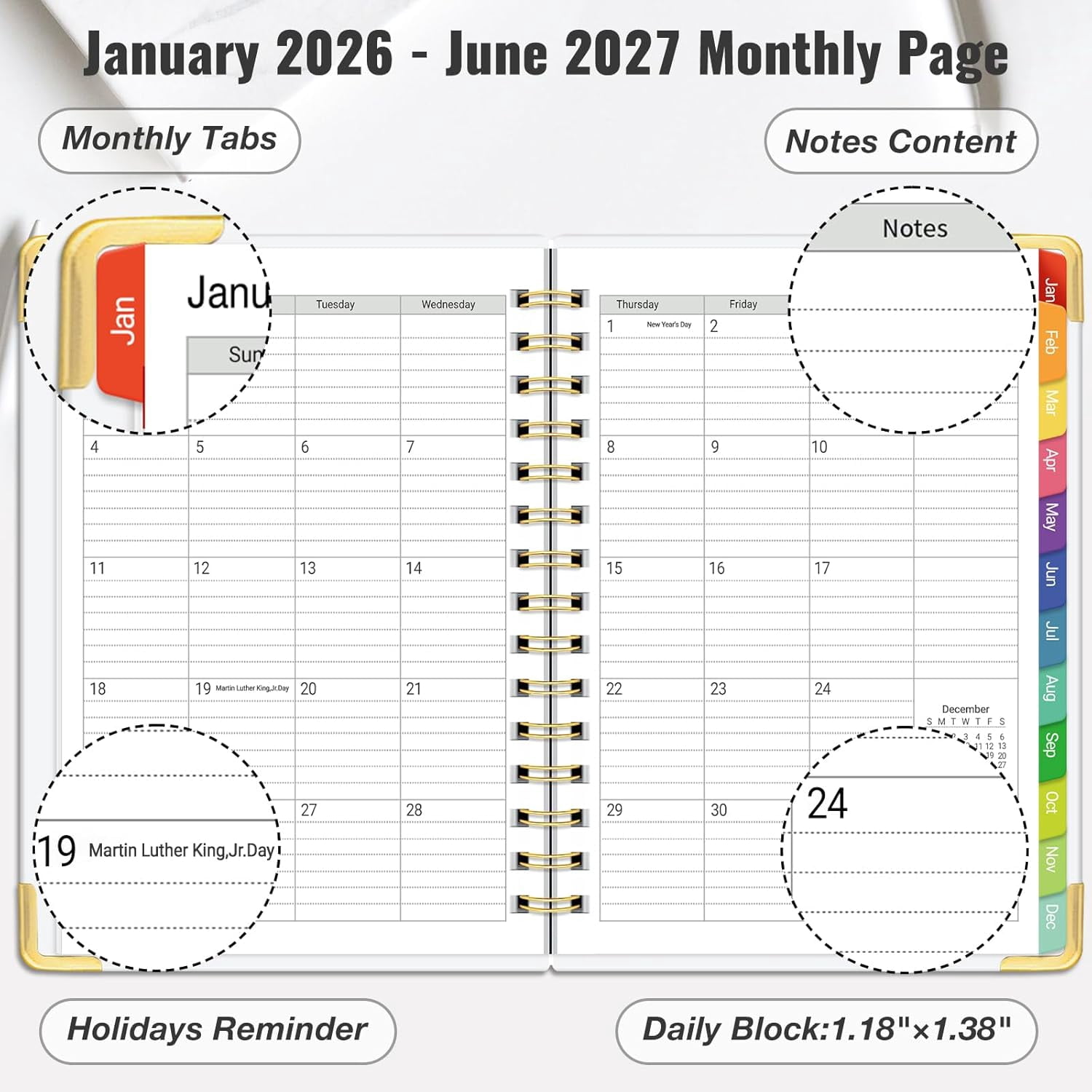 Daily Planner 2026-2027, 18 Month Planner with Tabs, January 2026 - June 2027 Weekly and Monthly Academic Year Calendar Spiral Time Management, 100GSM Thick Paper, Twin-Wire Binding, A5 Size, Multico