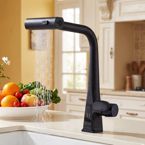 Sunrinx Matte Black Waterfall Kitchen Faucet with Temperature Display, Single-Handle Kitchen Faucet with Pull Down Sprayer, Three Water Outlet Modes Modern Kitchen Sink Faucet