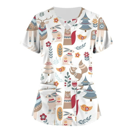 

Apepal Plus Size Cute Printed Scrub Working Uniform Scrub Tops for Women Cross V-Neck Short Sleeve Fun T-shirt Tee with Pockets
