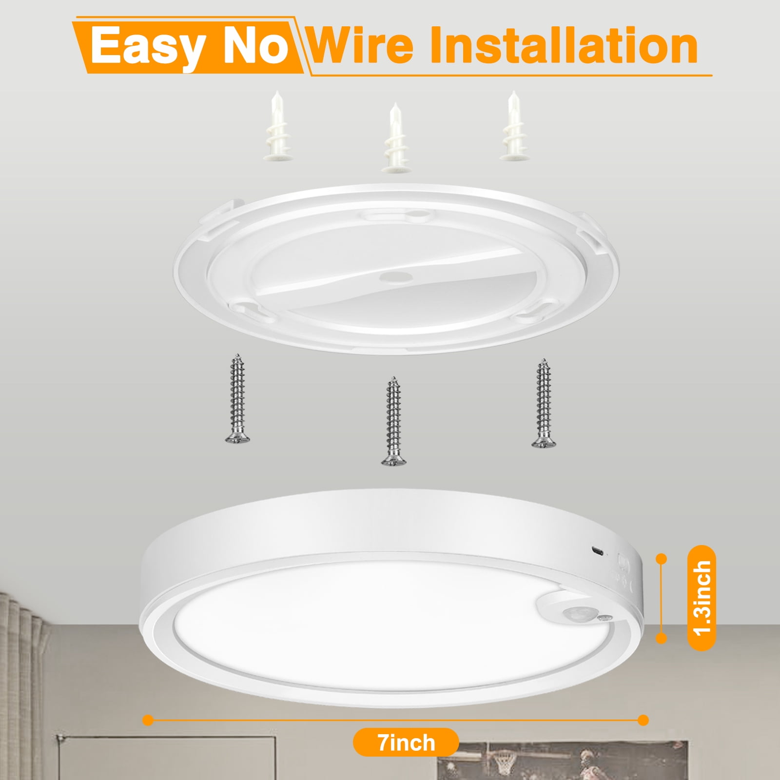 Youtob Wireless Motion Sensor LED Ceiling Light 6500K Rechargeable Battery Powered Light with Two Modes for Closet Stairs Porch Hallway