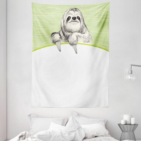 Sloth Tapestry, Hand Drawn Sluggish Animal Sloth on Green Abstract Background Curved Line, Wall Hanging for Bedroom Living Room Dorm Decor, 60W X 80L Inches, Pistachio Green Black, by Ambesonne