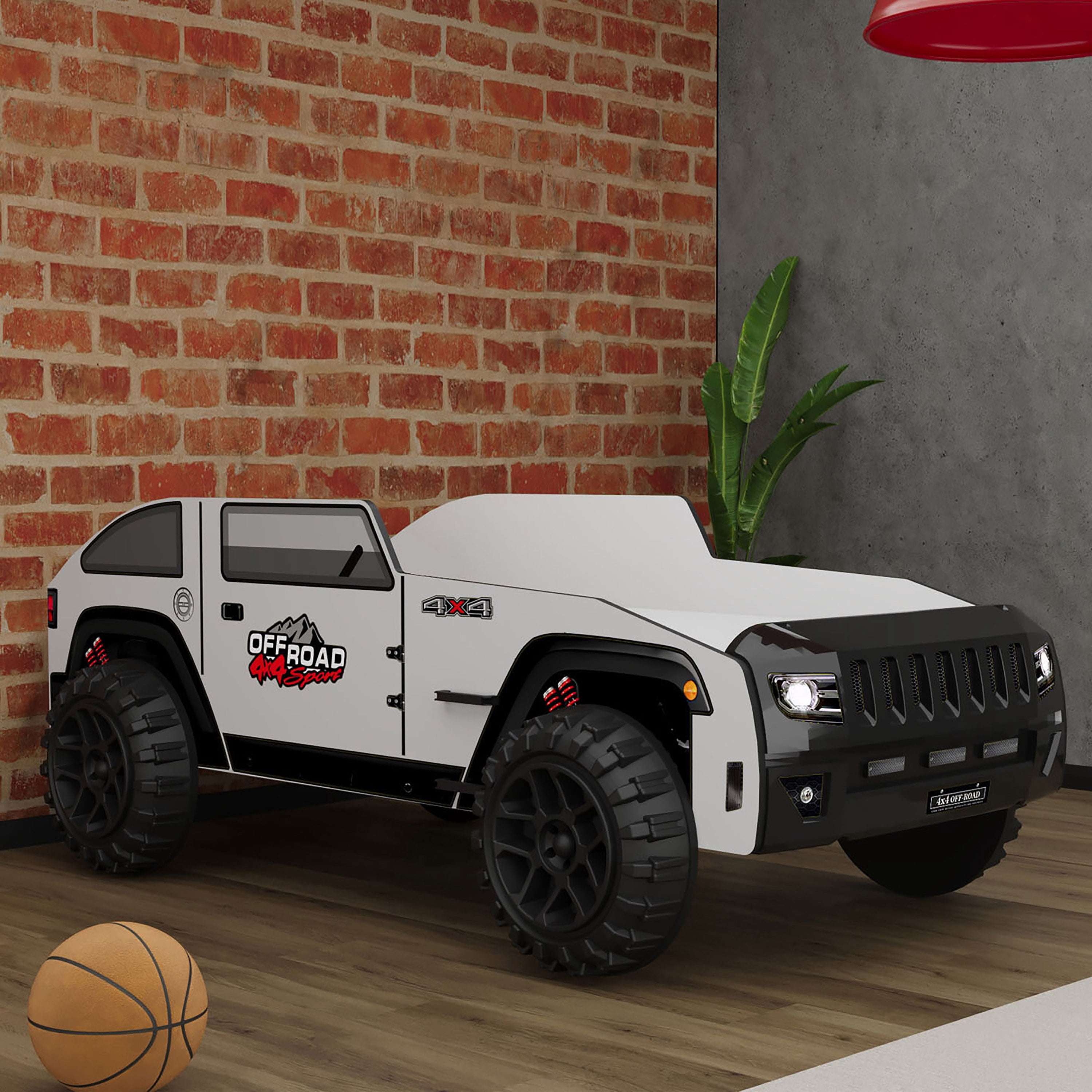 Furniture of America Adventure Kids Twin ABS Plastic Platform Bed with LED Headlights, Jeep Design, Black and White