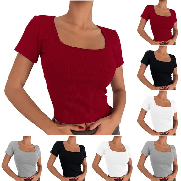 Asxite Womens Tops Crop Short Sleeve Solid Color Round Neck Loose and Breathable Casual Blouse