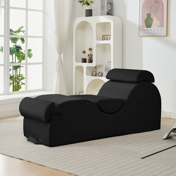 Mjkone Yoga Chair, Velvet Yoga Chaise Lounge for Adults with Carrying Handle, Oversized Yoga Sofa with 3 Headrests and Side Pocket,Black