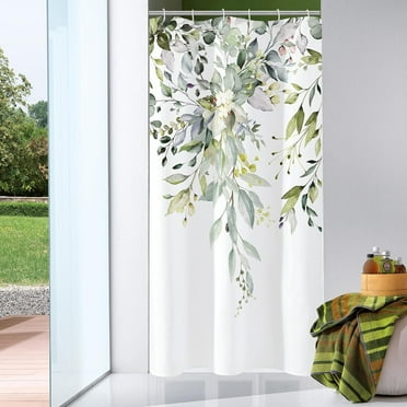 Small Stall Shower Curtain 36 x 72, Narrow Half Sage Green Floral Fabric Shower Curtain, Watercolor Plant Eucalyptus Leaves Bathroom Curtains Shower Set with Hooks