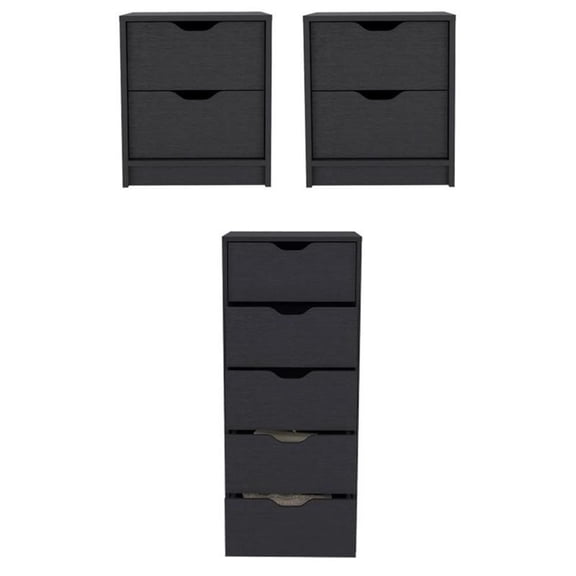 Pemberly Row Set of 3 Engineered Wood Dresser & 2 Nightstands in Black