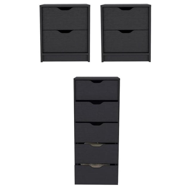 Pemberly Row Ensemble de 3 Commodes en Bois d'Ingénierie et 2 Tables de Nuit en Noir