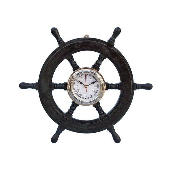 Handcrafted Model Ships SW-1720-Black 18 in. Deluxe Class Wood & Chrome Pirate Ship Wheel Clock