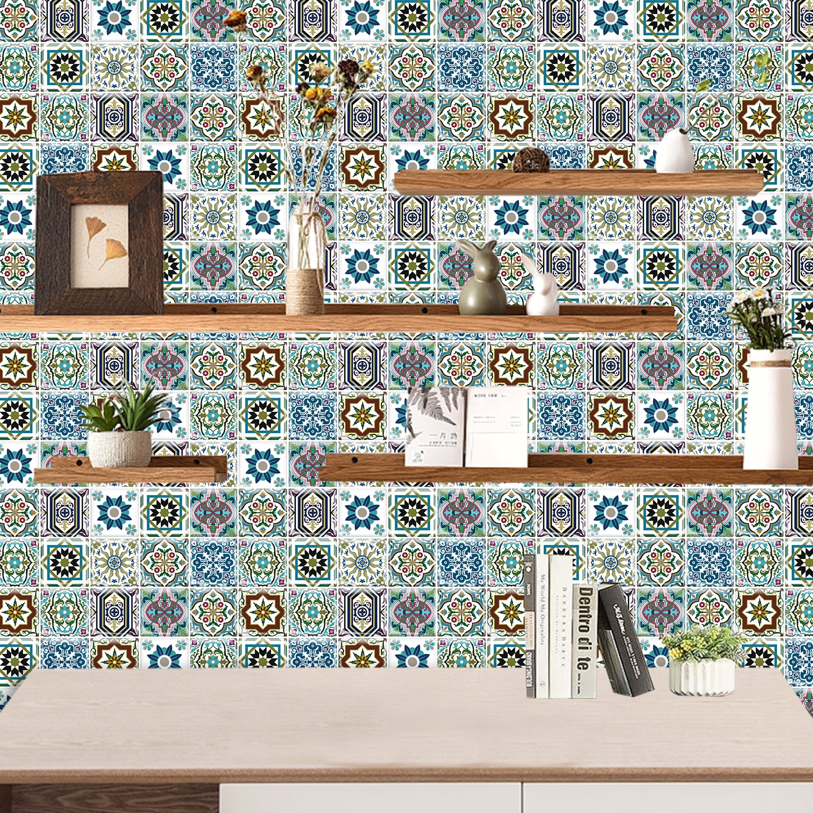 DEWOO 10PCS Mandala Tile Stickers, Peel and Stick Self Adhesive Removable Moroccan Tiles Backsplash Waterproof Oil Proof for Bathroom & Kitchen Wall Stickers Home Decor