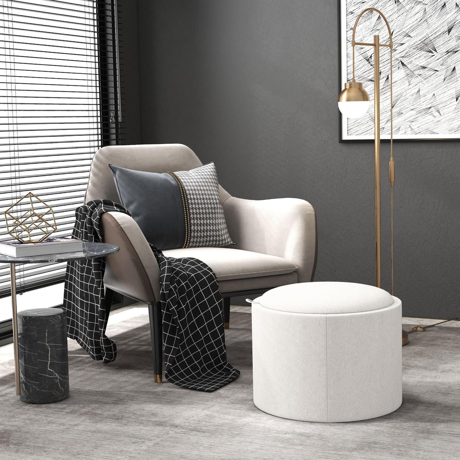 Demi Bonn 22" Round Ottoman Coffee Table with Flip Top Tray, Storage Footstool, Linen Fabric & Hidden Compartment for Living Room, White