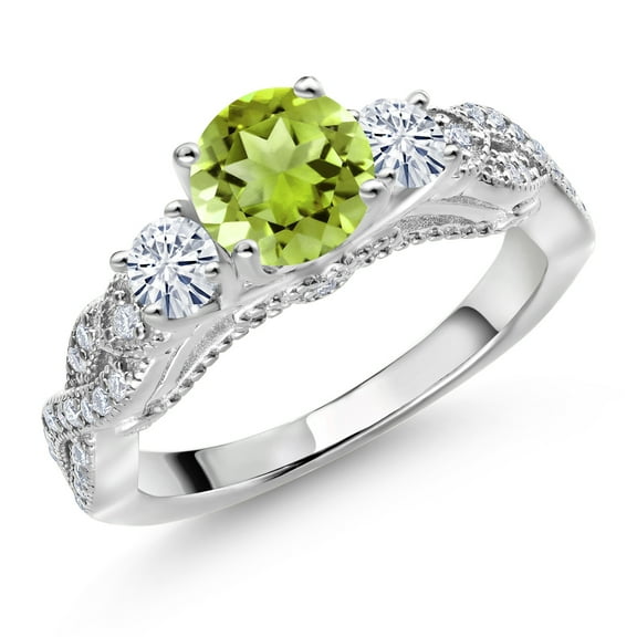 Gem Stone King 925 Sterling Silver Green Peridot and White Moissanite Engagement Ring for Women (1.47 Cttw, Gemstone August Birthstone, Round 6MM and 3MM, Size 6)
