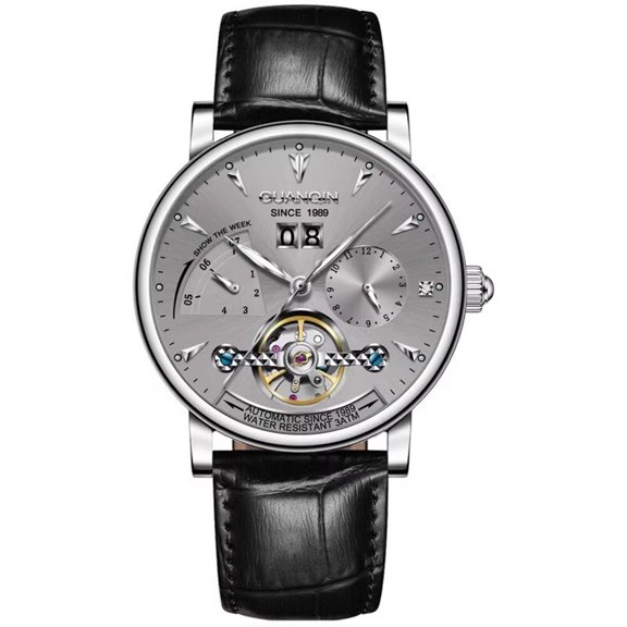 GUANQIN Men Skeleton Automatic Self-Winding Mechanical Wristwatch Luminous Stainless Steel Leather Vintage Wrist Watch Sapphire Crystal Waterproof Multifunctional Dial Clock