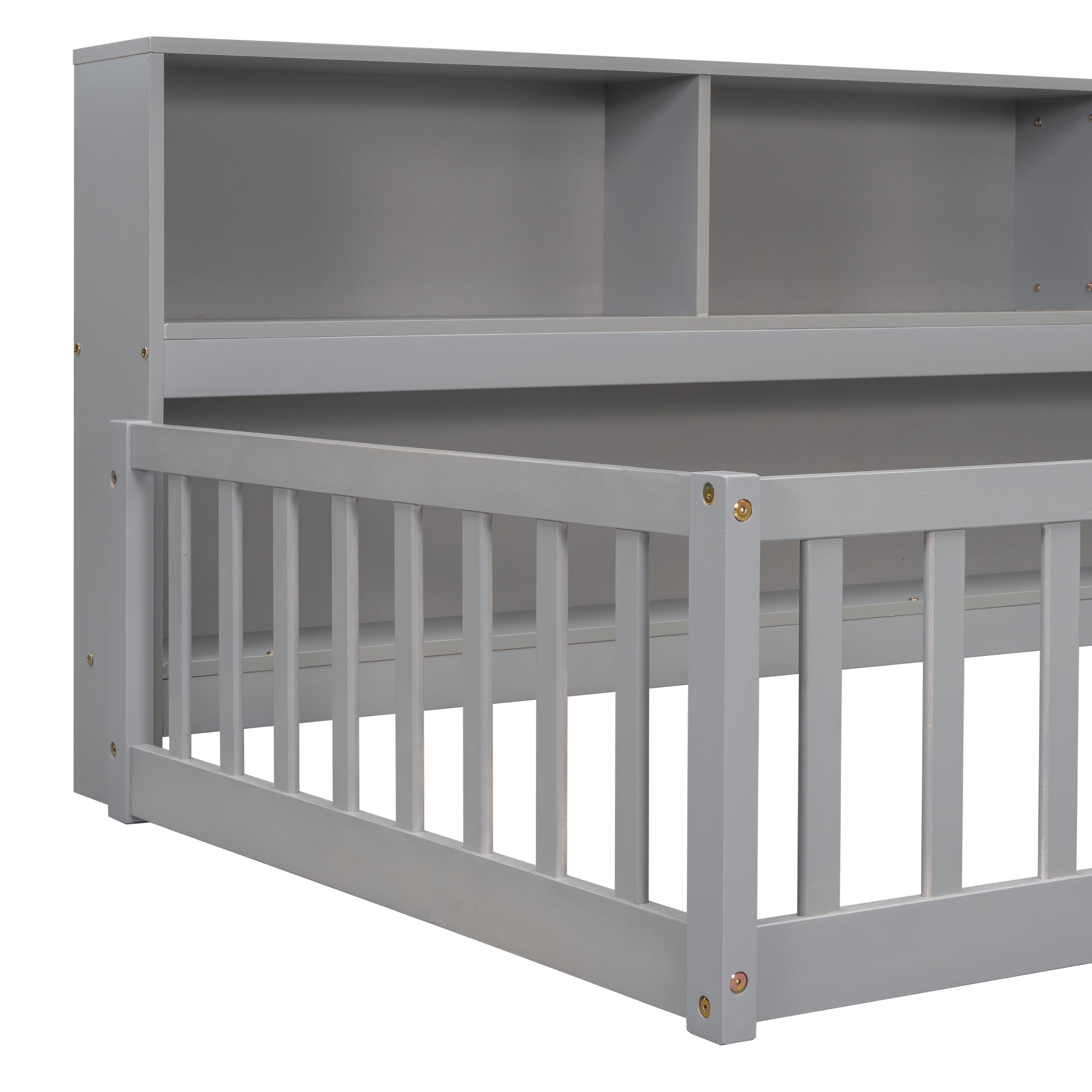 Miniyam Twin Floor Bed with Bookcase Shelves and Guardrails, Wood Low Profile Bed Frame, Gray