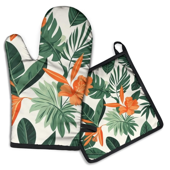 Tropical Palm Leaves in Hawaii Kitchen Oven Mitt and Pot Holder Sets 2 Pcs for Baking, Cooking and Grilling, Heat Resistant Up To 392 °F