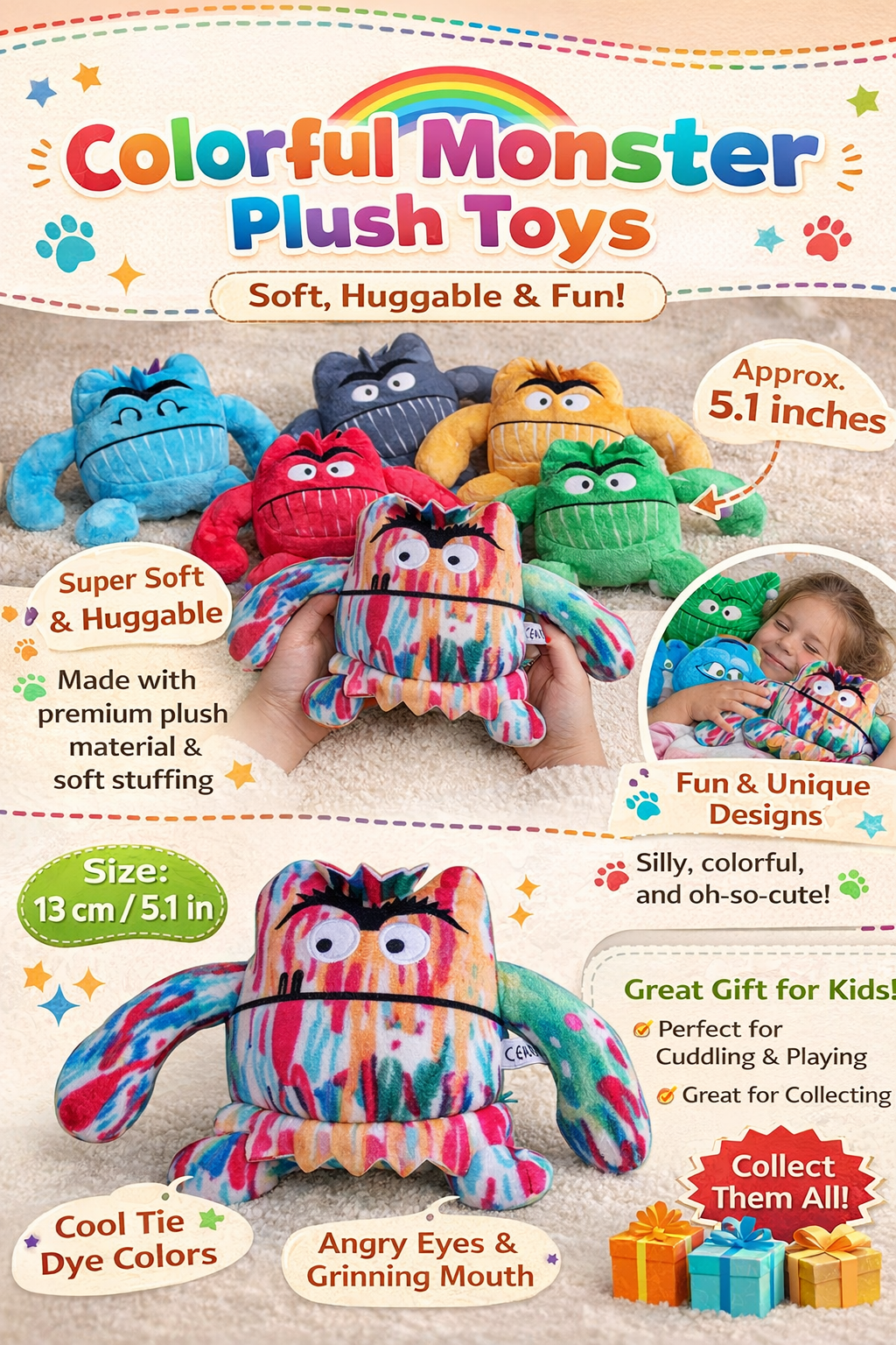 7-Pack Monster Plush Toys Set, 5.12 in Colorful Soft Stuffed