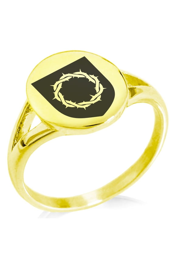 Stainless Steel Crown of Thorns Adversity Coat of Arms Shield Minimalist Oval Top Polished Statement Signet Ring