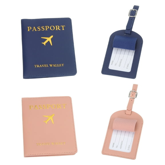 Uxcell Passport Holder with Luggage Tag, 2 Set of Leather Travel Passport Cover Wallet with Suitcase Tag Travel Accessories for Men Women Airplane, Pink/Dark Blue