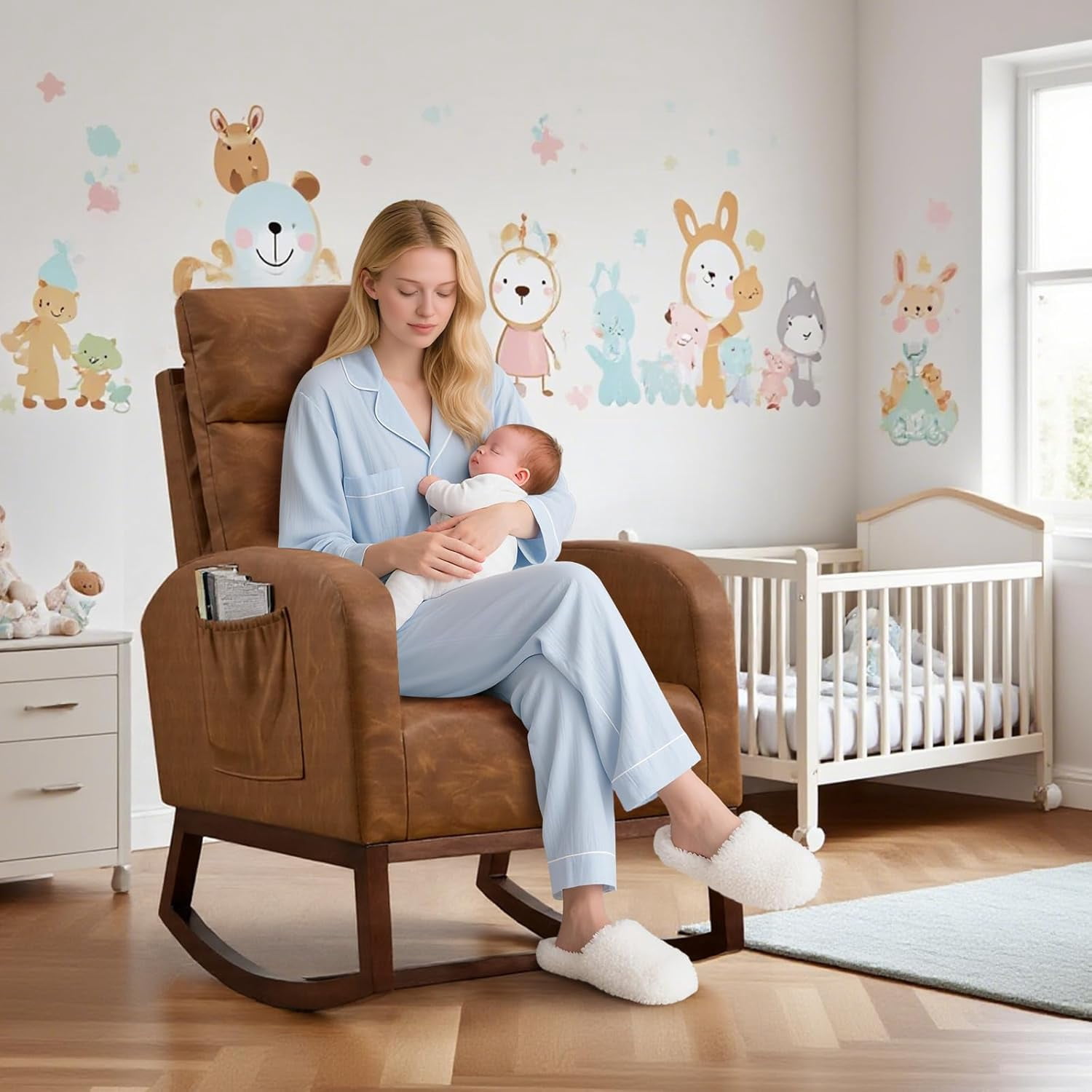 Rocking Chair Nursery Chair with Foot Rest, Nursery Rocking Chairs with Pocket，Baby Nursery Glider Rocker for Living Room