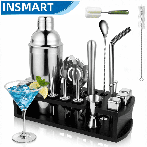 INSMART 25-Piece Cocktail Shaker Set, Stainless Steel Mixology Bartender Kit with Acrylic Stand, 25oz Full Bar Tool Set, Martini Shaker, Jigger, Strainer, Mixing Spoon, Muddler & Liquor Pourers