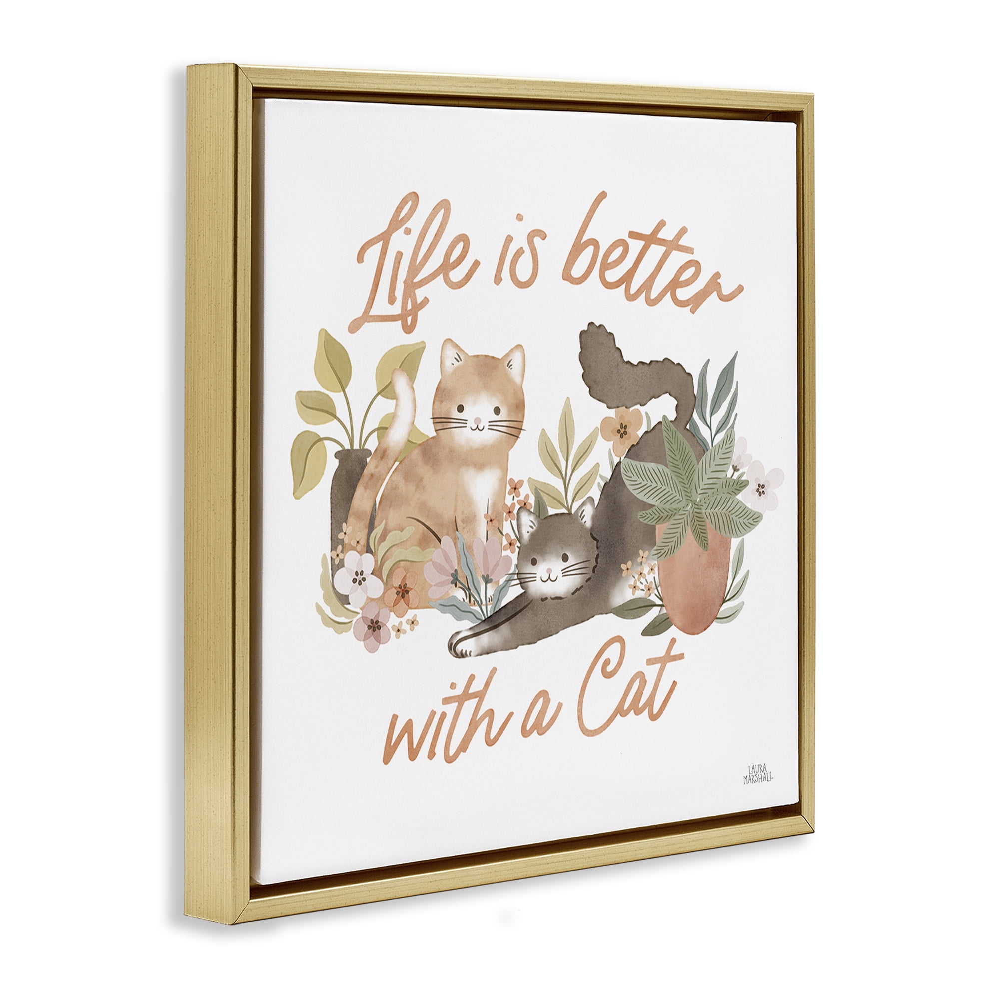 Stupell Industries Better with Cat Phrase Animals & Insects Painting Gold Floater Framed Canvas Art Print Wall Art, 25 x 25