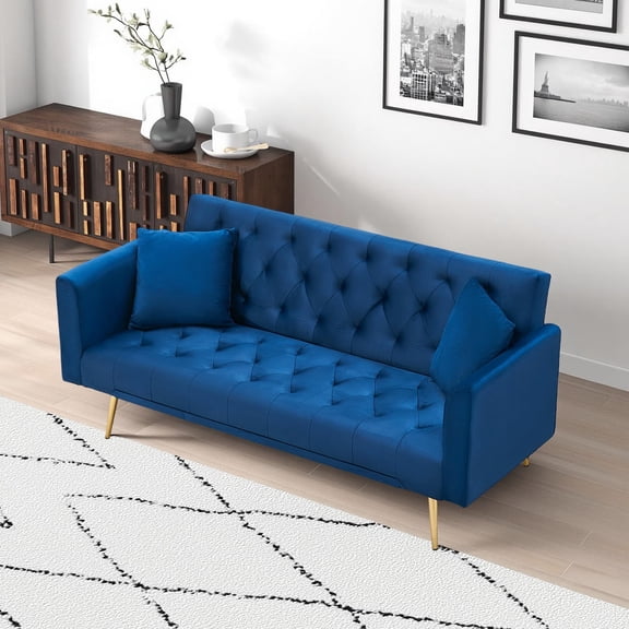 71" Convertible Loveseat Sofa Bed, American Retro Velvet Couch with 3 Adjustable Positions, Space-Saving Foldable Sofa for Living Room Bedroom Office, Blue