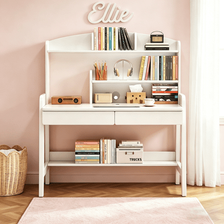 WILK Kids Desk with Hutch, Student Writing Study Desk with Drawers and Shelves, Wooden Homework Station for Bedroom, White
