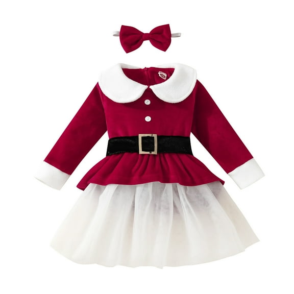 Diufon Toddler Baby Girls Christmas Velvet Dress with Headband and Belts Long Sleeve Cute Santa Party Dress
