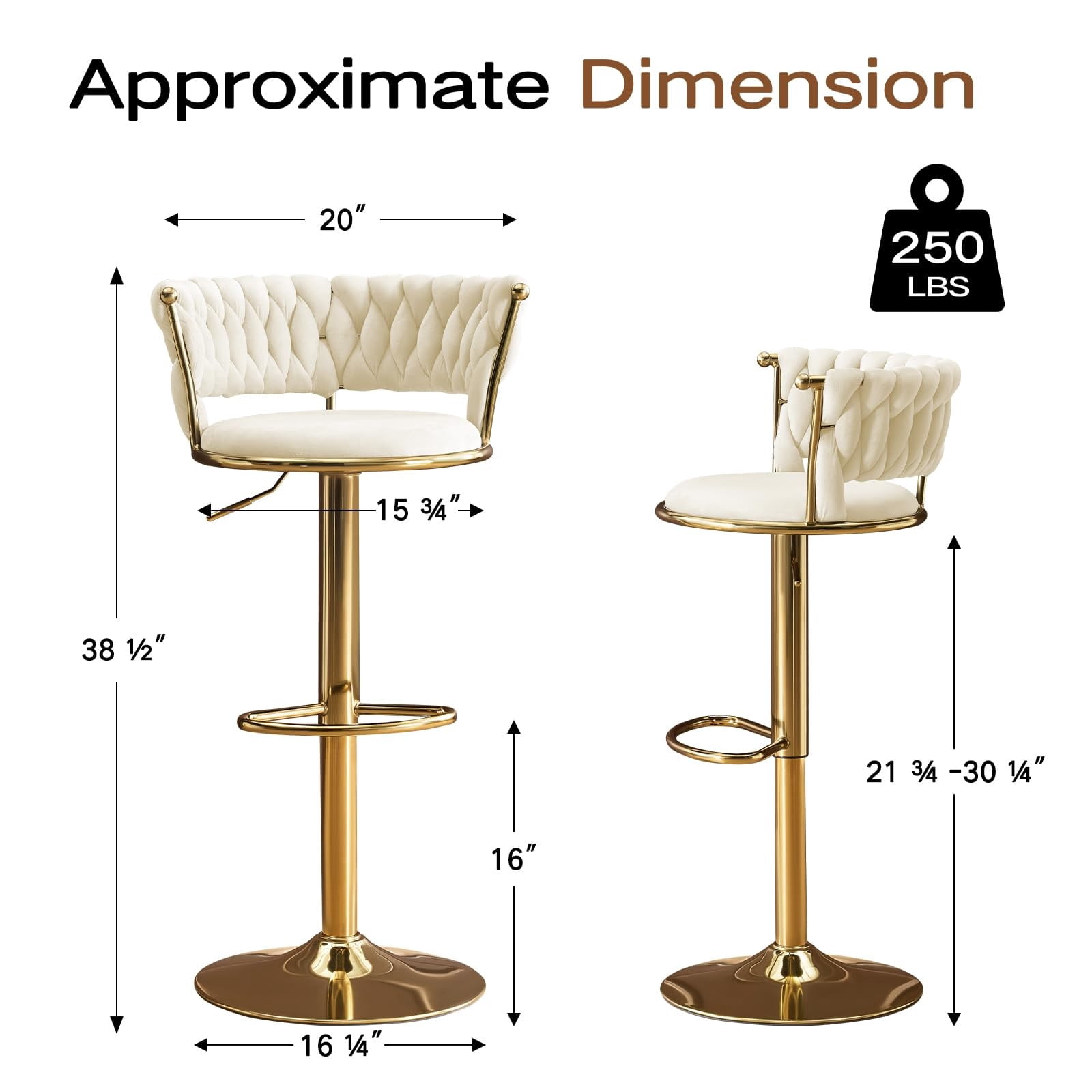 Set of 2 360° Swivel Velvet Bar Stools, Adjustable Counter Height Bar Chairs with Gold Metal Base & Low Back, Modern Kitchen Island Barstools for Dining Room & Pub, Beige