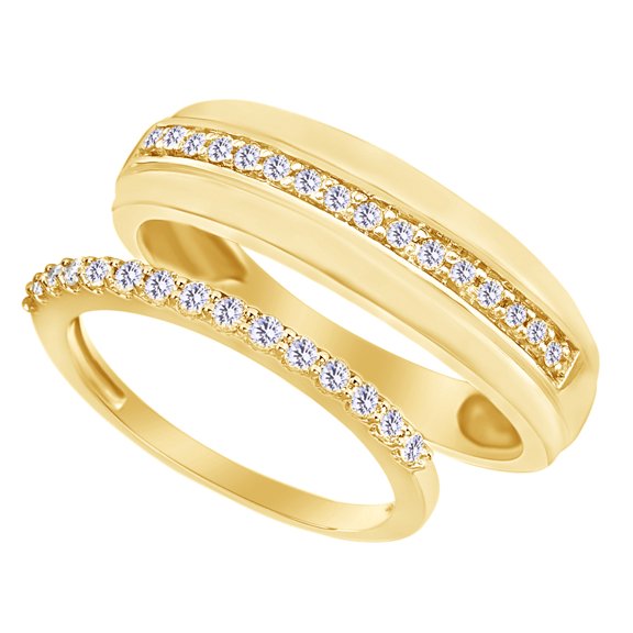 AFFY Round Cut White Natural Diamond His And Hers Wedding Band Set in 14K Yellow Gold (0.2 Cttw)