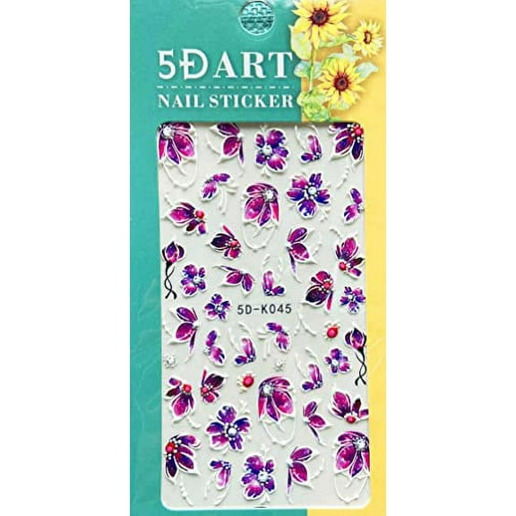 5D Floral Embellished Nail Stickers with Different Types of Flowers and White drippings