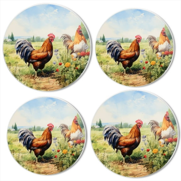 Bahomeck Electric Stove Burner Covers Set Of 4,Roosters In Field With Flowers On Sunny Day Metal Gas Stove Burner Covers,Protecting Gas Stoves,8 Inch And 10 Inch
