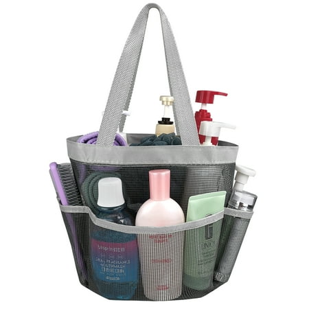 Livhil Mesh Shower Caddy Basket for College Dorm Room Essentials with 8 Storage Pockets, Hanging Portable Shower Tote Bag for Bathroom (Gray)