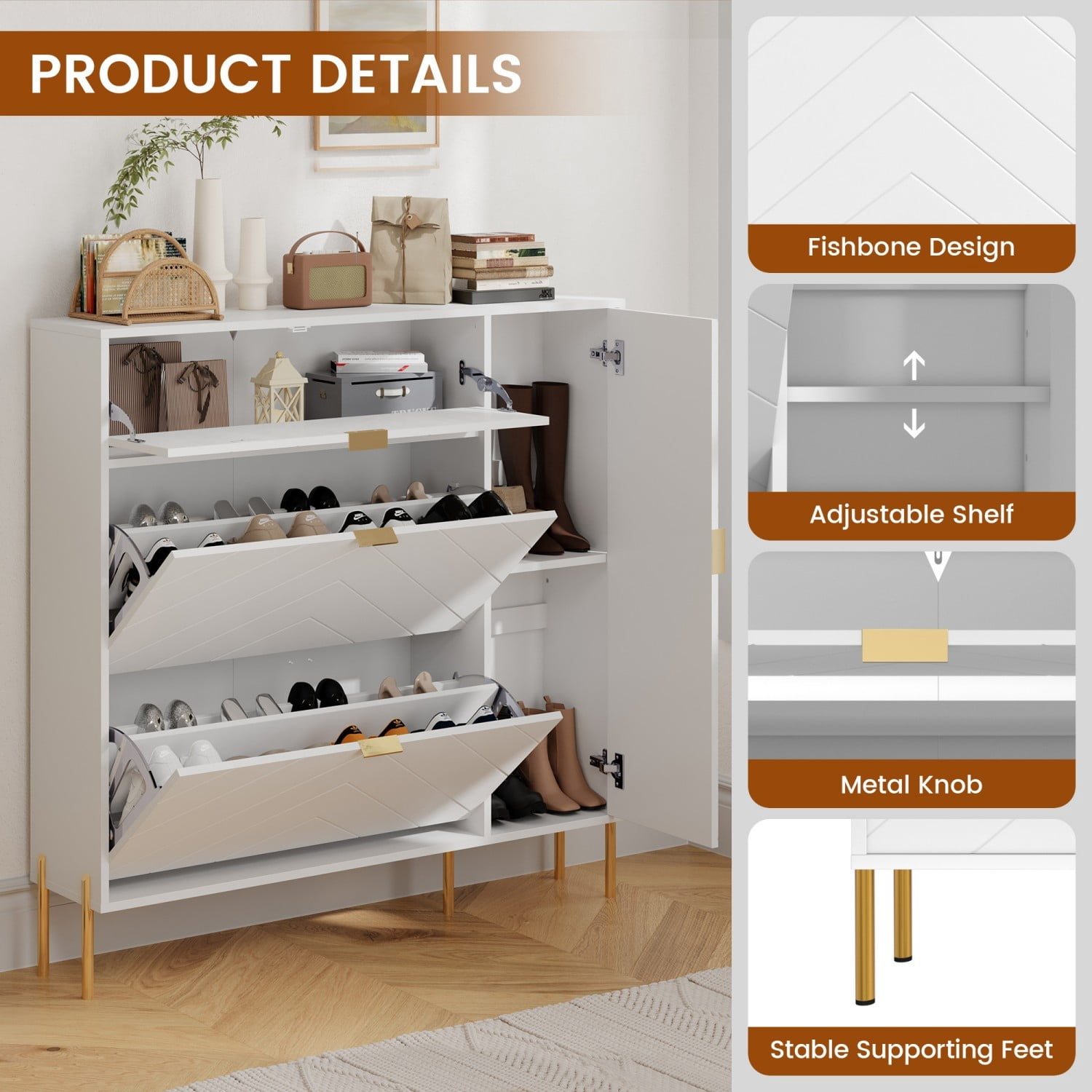 MDF Shoe Storage Cabinet with Flip Drawers & Adjustable Shelves, Modern Entryway Shoe Organizer Cabinet, White