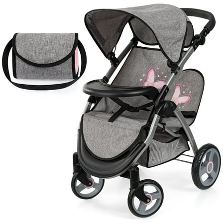 Twin Star Doll Stroller W/ Shoulder Bag, Grey, Pink, Butterfly