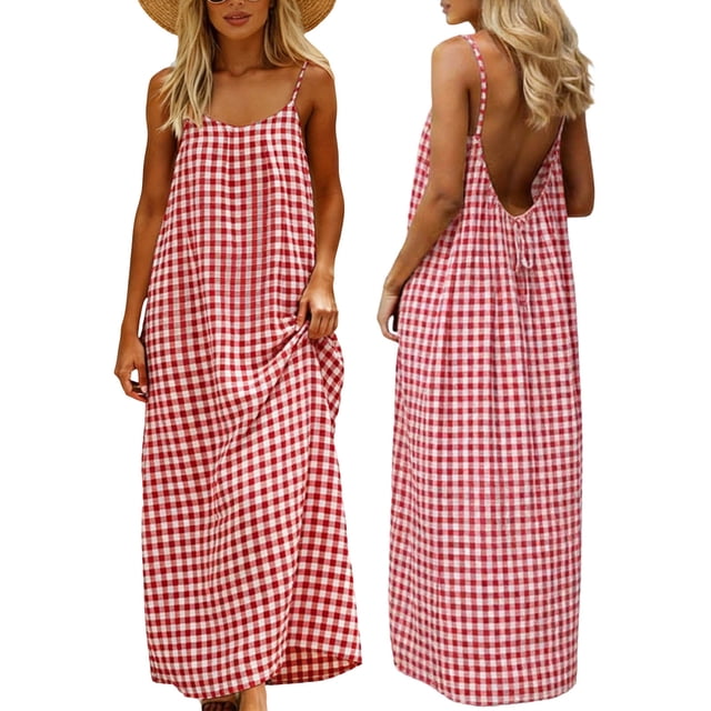 Amzcrzy Robes pour Femmes Mode à Carreaux Sans Manches Robes Maxi Été Col Rond Bretelles Spaghetti Robe de Vacances Confortable Dos Nu Robe Soleil TG