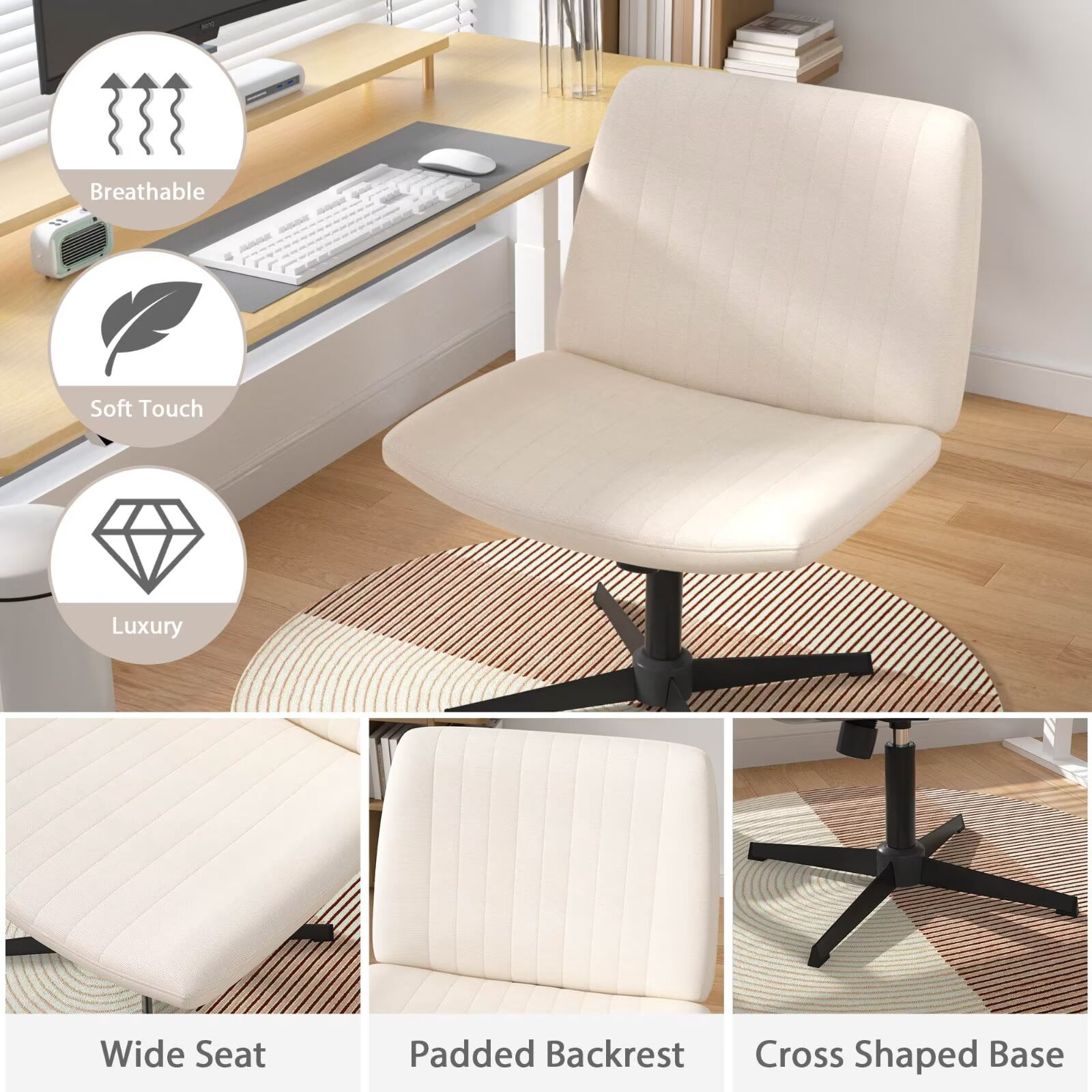 YRLLENSDAN Vanity Chair No Wheels Armless, Height Adjustable Criss Cross Office Chair with Back, Swivel Computer Chair Ergonomic with Wide Seat, Beige