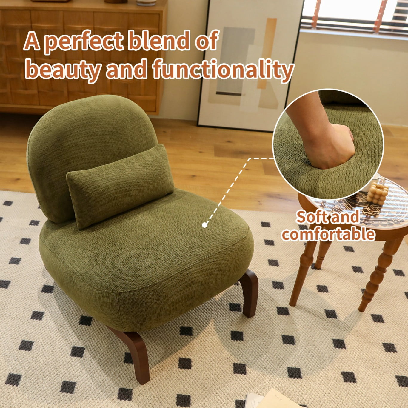 Cute Accent Chair with Solid Wood Legs, Upholstered Armless Reading Chair, Soft Velvet Lounge Chair for Living Room, Bedroom, Apartment, Balcony & Waiting Room, Green