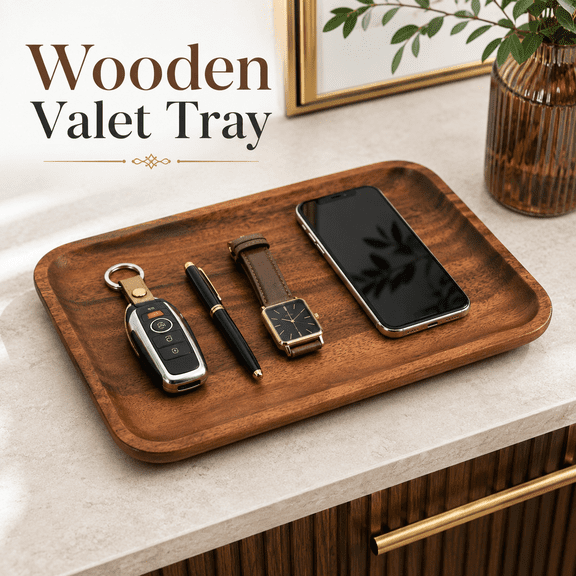 MORAVE Acacia Wood Serving Valet Tray for Men Women, Decorative Catch All Nightstand Bedside EDC Wooden Organizer for Phone Watch Wallet Keys Jewelry