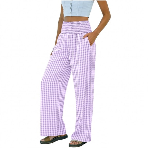 hoksml Women's Smocked Waist Checkered Pants, High Waist Loose Fit Wide Leg Trousers with Side Pockets