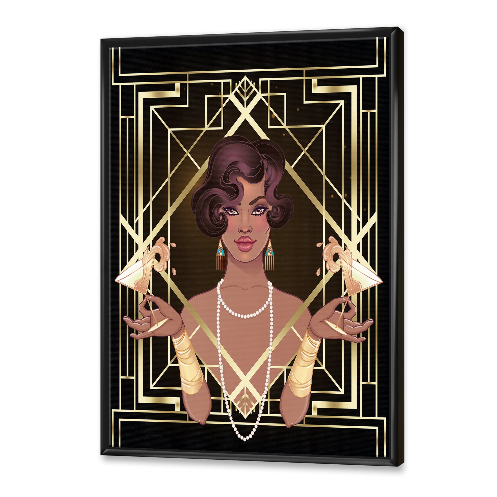 Designart 'Retro Girl In Golden Art Deco Geometrics I' Modern Framed Canvas Wall Art Print