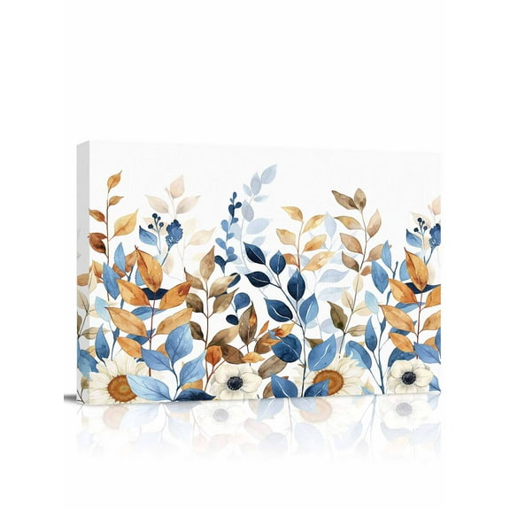 Fall Watercolor Canvas Print Wall Art Framed Canvas Art Wall Decor Blue Yellow Brown Eucalyptus Leaves Pictures Painting Morden Artwork for Living Room Bedroom, Ready to Hang - 16"x20"