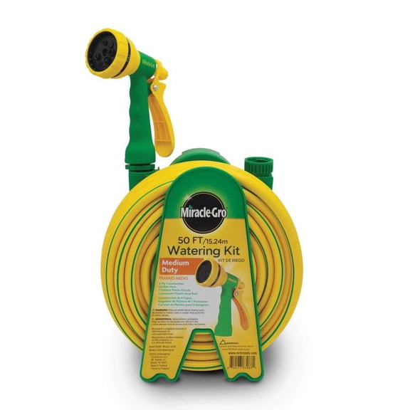 Miracle-Gro 50 ft. Garden Hose Watering Kit – 3/8 in. Watering Hose with Adjustable Nozzle and Plastic Hose Reel