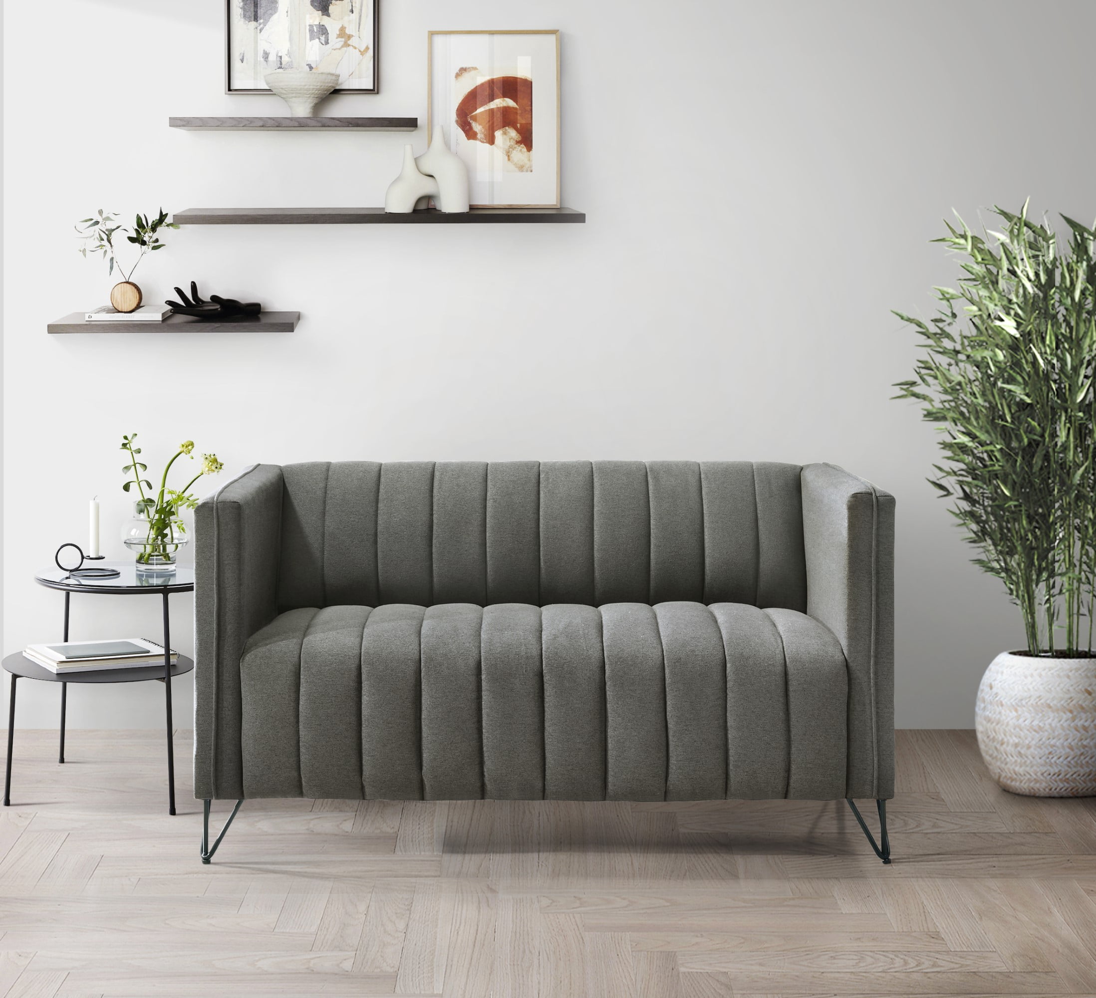Home Design Kurtis Square Arm Loveseat with Tufted Velvet Upholstery and Gold Metal Legs, Flared Arms, Modern Living Room Seating, Gray