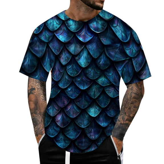 IWRICH Novelty Short Sleeve T Shirts for Men Crewneck Shirt Funny Fashion Fish Scale Tees Casual Printed Tops 07-Blue XL