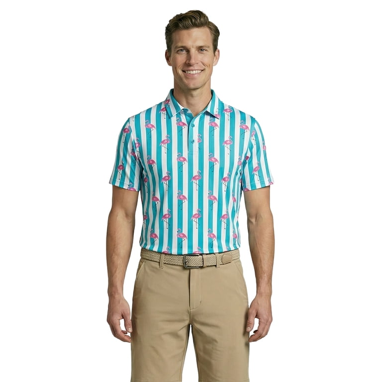 Birdie Bound Men's Flamingo & Stripes Golf Polo photo 2