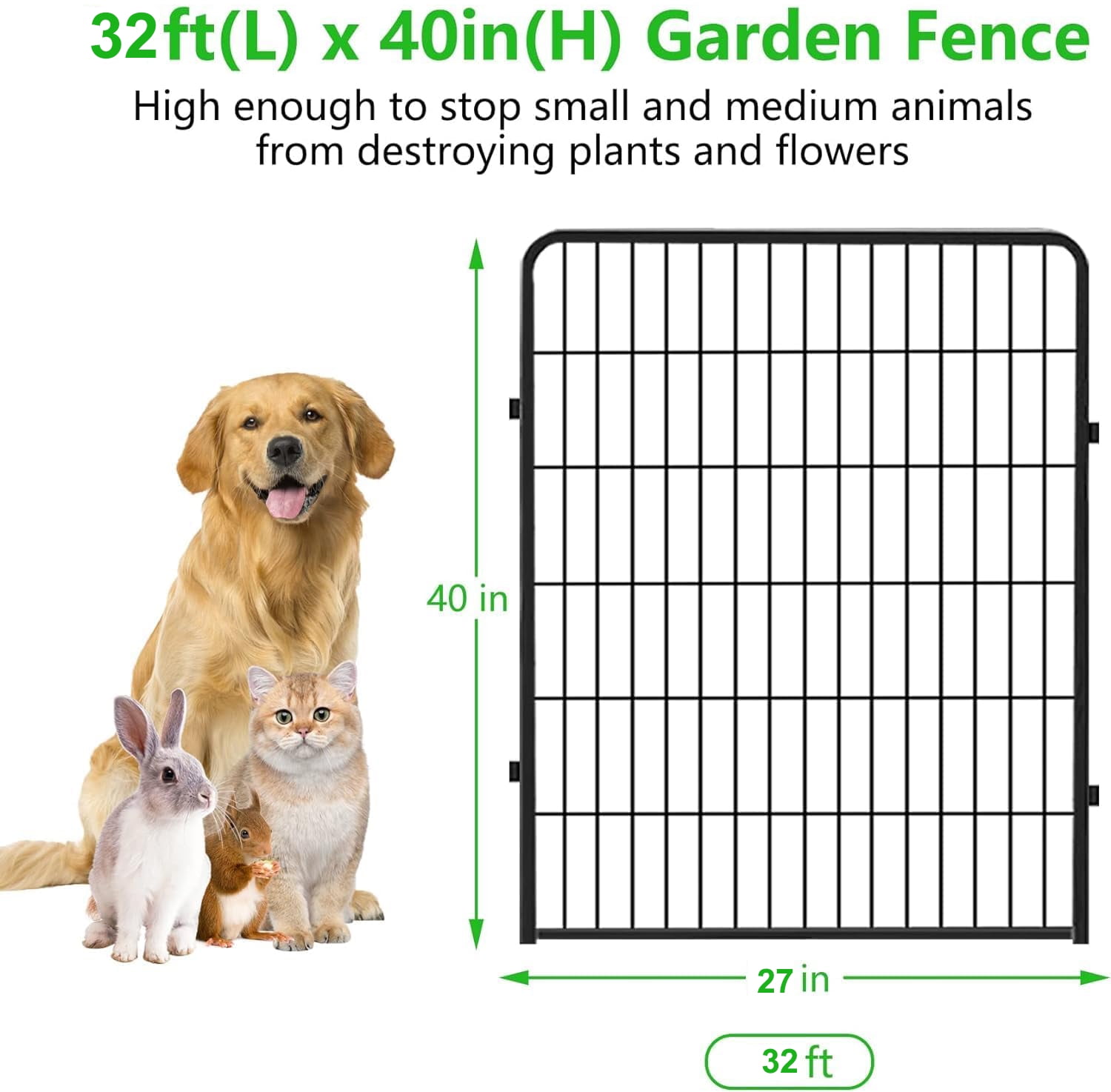 Jhsomdr Decorative Metal Garden Fence 32Ft(L) x 40in(H) 14 Panels Animal Barrier Fence No Dig Fencing for Yard Patio