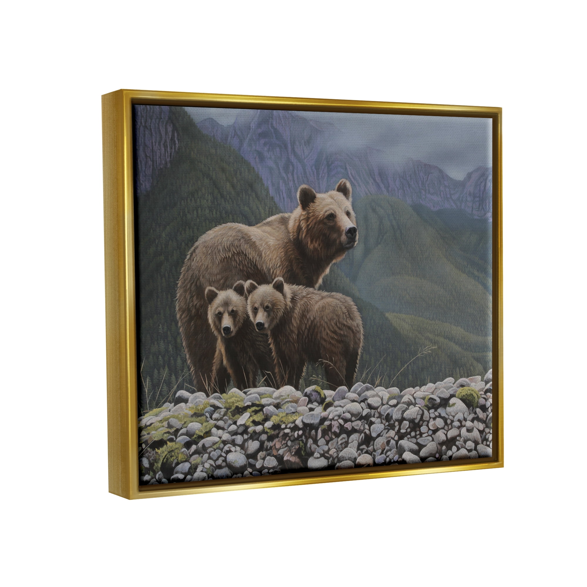 Stupell Industries Bear Family Mountain Landscape Animals & Insects Painting Gold Floater Framed Art Print Wall Art, 21 x 17