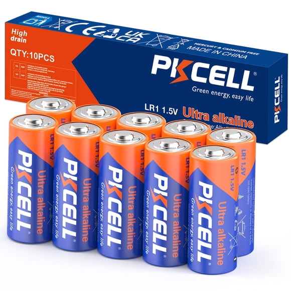 PKCELL 1.5V LR1/MN9100/E90/N Size Alkaline Batteries, Leak-Proof Batteries High Performance and Powerful Batteries Suitable for All Kinds of Electronic Equipment 10Pcs